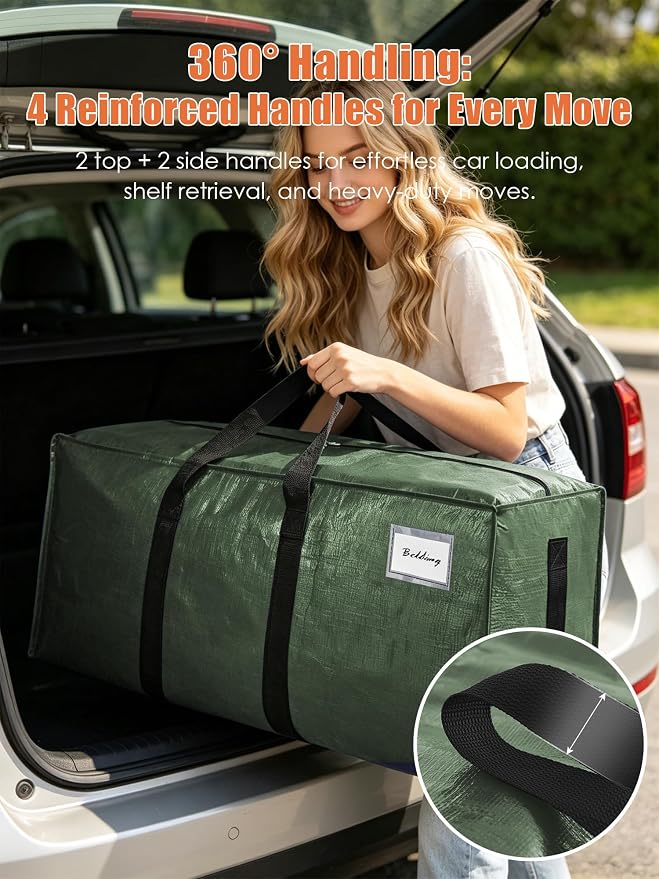 SWEET DOLPHIN 12 Pack 200LB Heavy-Duty Moving Bags with Wrap-Around Handles, Extra Large Storage Totes for Space Saving, Clothes Storage Bags, College Dorm Essentials, Green, 24 Gal - Image 5