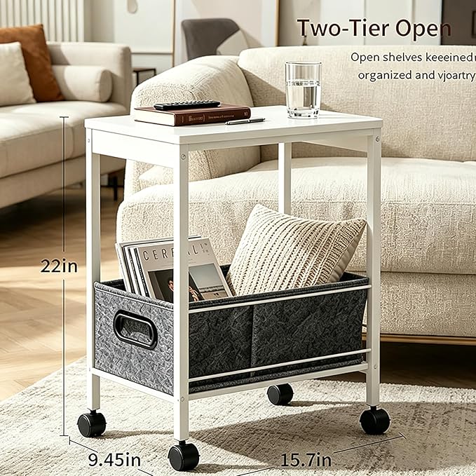 Slim Rolling Side Table with Basket, Narrow Storage Cart on Wheels for Sofa | Rolling side table with basket for living room, bedroom | Holds lamp, plants | Wood-metal shelf | Nightstand, printer stand - Image 2