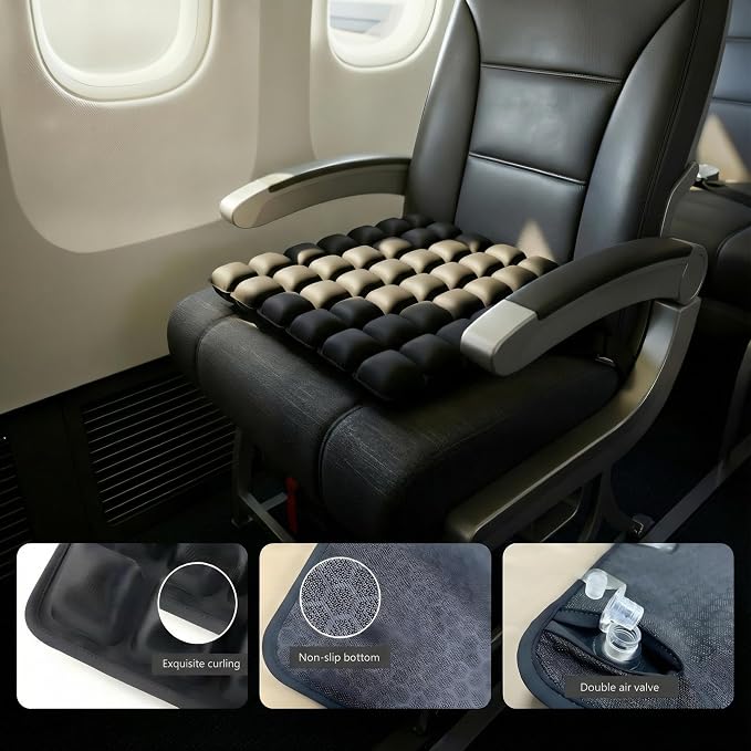 Inflatable Seat Cushion for Airplane Travel, Black | Press-to-Inflate Without Pump, Decompression Cushion, Portable, For Office, Wheelchair, Car Seats, Long Journey - Image 3