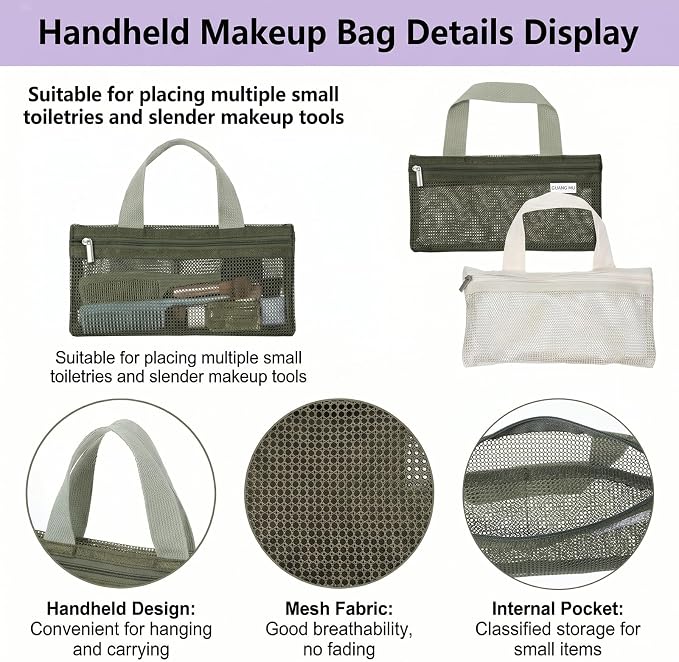 2 Pcs Toothbrush Pouch, Nylon Mesh Zipper Pouch Portable Mini Travel Toiletry Bags Mesh Makeup Bag Toothbrush Pouches Square Storage Bags Organizer Bag for Men and Women (Beige, Green) - Image 3