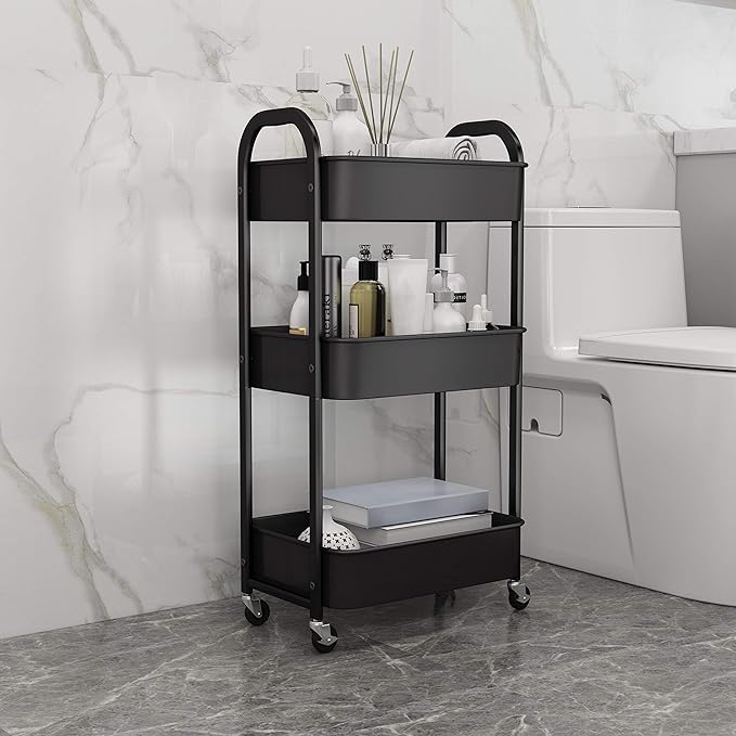 3-Tier Rolling Utility Cart with Caster Wheels Easy Assembly, Black | Easy Assembly, multi-purpose storage trolley for kitchen, rolling cart with smooth caster wheels for bathroom - Image 6