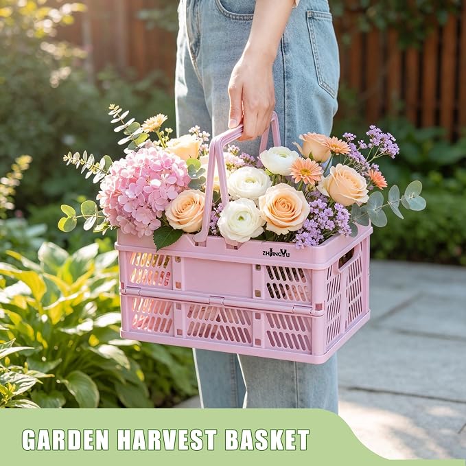 Pink Plastic Baskets with handles,2-pack Collapsible crates for storage,14.96"x9.84"x7.87" foldable shopping basket ,foldable crate with Handles for car Classroom Kitchen Bathroom Medicine Milk - Image 5