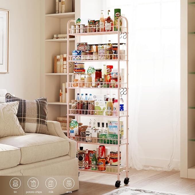 6-Tier Slim Storage Cart, Rolling Kitchen Cart with Wheels | Narrow Metal Shelf Organizer with Hooks for Kitchen, Bathroom, Living Room, Laundry, Small Spaces, Pink, 6 in - Image 8