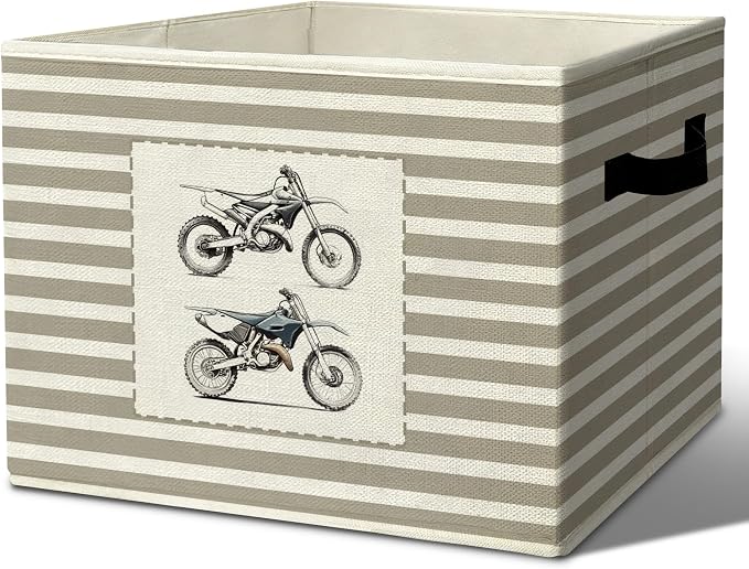 Rustic Dirt Bike Storage Bins Boxes Handles | grey striped nursery foldable basket for organizing bedroom toddler playroom by Unknown