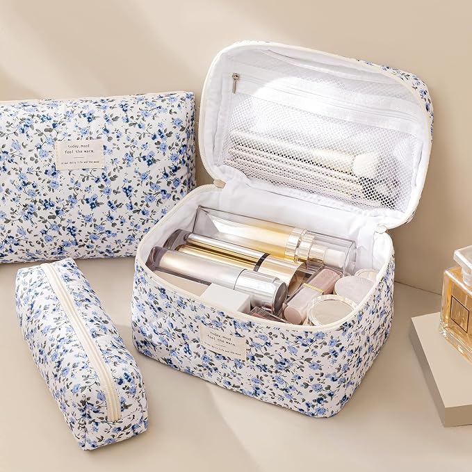 HBselect Quilted Makeup Bag, 3Pcs Cotton Large Travel Makeup Bags Organizer | Cute Floral Make up Bag Cosmetic Bag Toiletry Bag for Women Girls, Makeup Pouch for Skincare, Brushes & Travel Essentials - Image 2