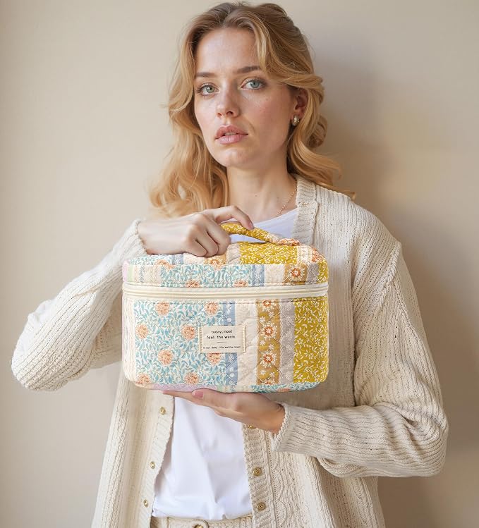HBselect Quilted Makeup Bag, 3Pcs Cotton Large Travel Makeup Bags Organizer | Cute Floral Make up Bag Cosmetic Bag Toiletry Bag for Women Girls, Makeup Pouch for Skincare, Brushes & Travel Essentials - Image 7
