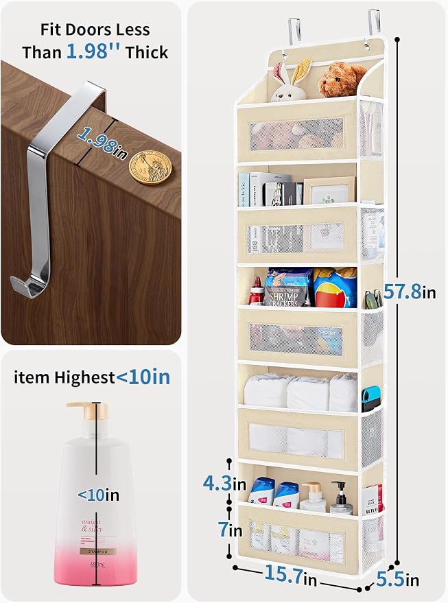 JARLINK Over the Door Organizer for Bedroom, Pantry Bathroom, 5 Shelf Beige | Anti-Tilt Design, 44 lb Load Capacity, Hanging Door Organizer with 5 Large Capacity Pockets, Behind Door Storage for Nursery - Image 2