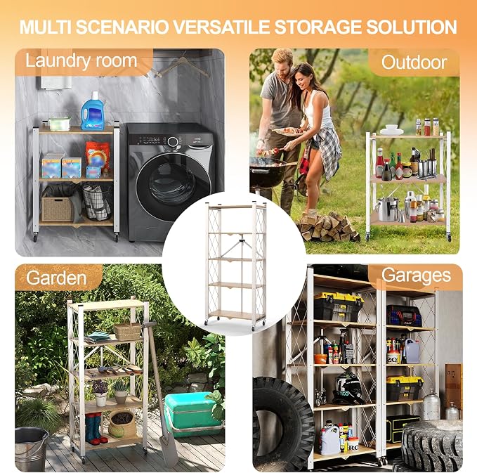 5-Tier Foldable Storage Shelves with Wheels Wood Grain Transfer | Portable Structure, Suitable For Kitchen, Bedroom, Living Room, Bathroom, Garage, 59*26*13in - Image 8