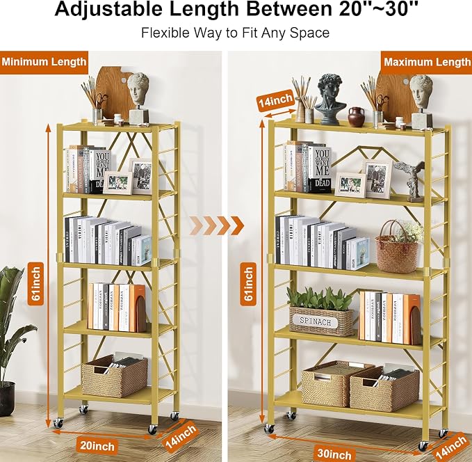 Himix 5-Tier Storage Shelf with Wheels Foldable Expandable Adjustable Gold | Folding shelving units, Metal collapsible organization, Changeable into 2 shelf units, Basement, Kitchen, Holds 2400 Ibs - Image 2