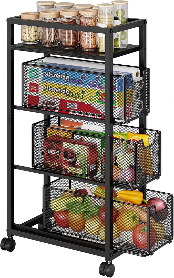 4 Tier Narrow Kitchen Rolling Cart, 9.1" Wide Slim Kitchen Storage Cart with Pull-Out Baskets, Adjust Pantry Organizer and Storage Cart with Wheels, Multifunctional Fruit Vegetable Spice Storage Cart by FollowWithYociyogaTogether