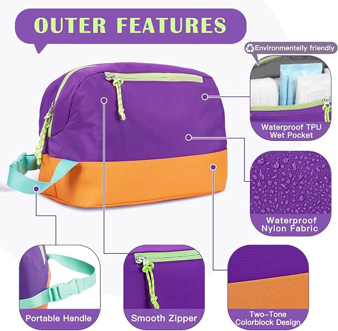Waterproof Makeup Bag For Women Girls Men,Two-Tone Colorblock Travel Toiletry Bag With Wet Pocket & Removable Transparent Bag, 8L Large Capacity Lightweight Vacation Essentials (Purple+Orange) - Image 4