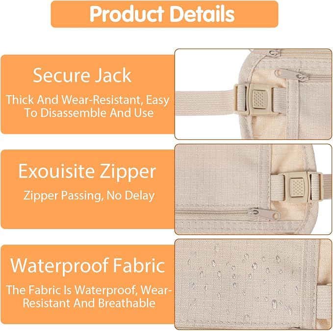 2 Pcs Travel Money Belt for Women,Hidden Money Pouch for Travel,Undercover Anti-Theft Travels Moneys Belt Under Clothes for Cash Cards Passport Keys Mobile Phone for Men Women - Image 3
