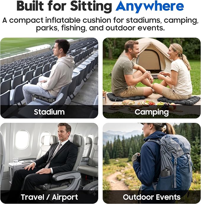 Inflatable Seat Cushion for Stadium & Travel, Built-in Pump Portable Air Seat Pad, Waterproof Bleacher Cushion for Air Travel, Camping, Soccer Games & Outdoor Events - Image 7