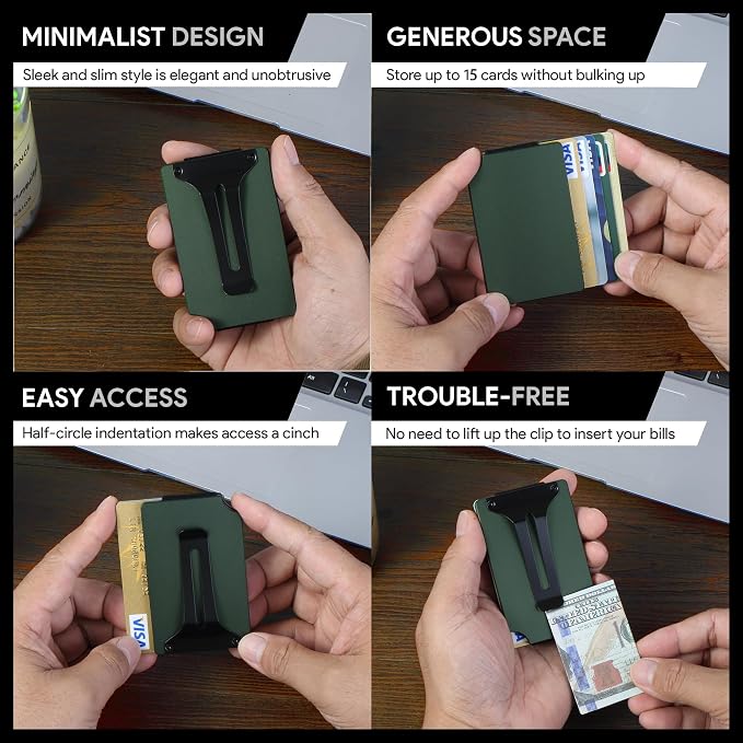 Minimalist Wallet for Men, Slim Metal RFID Blocking Wallet Credit Card Holder Money Clip & Cash Strap, Scratch-Resistant Holds 15 Cards,Ideal Gift for Men | -Matt Green - Image 5