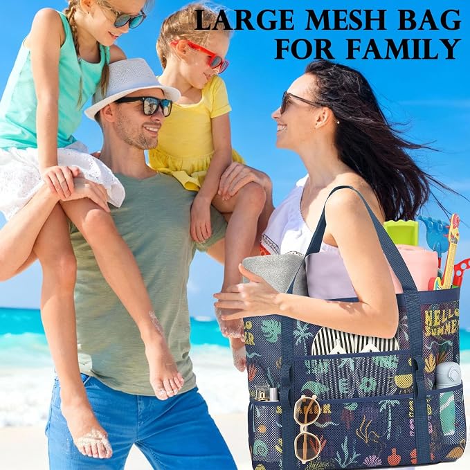 Fammart Mesh Beach Bag for Women, Large Beach Toy Pool Bag with Zipper Pocket, SandProof Cruise Essentials 2026 Family Travel - Image 8