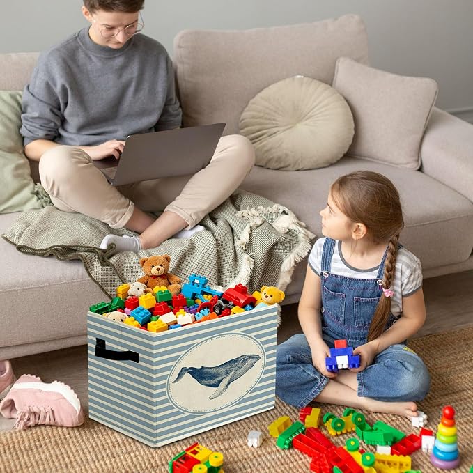 Rustic Whale Storage Bins Boxes with Handles | toys books clothes, sea creatures blue striped nursery foldable basket for organizing bedroom toddler room playroom - Image 4