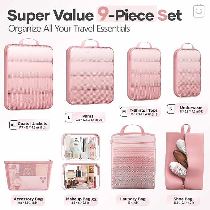 Veken 9/11 Set Compression Packing Cubes Garment Bags for Travel Essentials,Compressible Expandable Luggage Organizer Bags for Clothing,Space Saver Bags with Over 1000 pcs of Mesh Holes(Pink) - Image 2