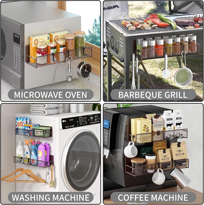 Magnetic Spice Rack for Refrigerator, 2 Pack 100% Metal Strong Magnet Shelf, Space Saving Spice Organizer W/ Hooks, Movable Magnetic Fridge Shelf, Kitchen Home Laundry Room Storage Organization, Brown - Image 6