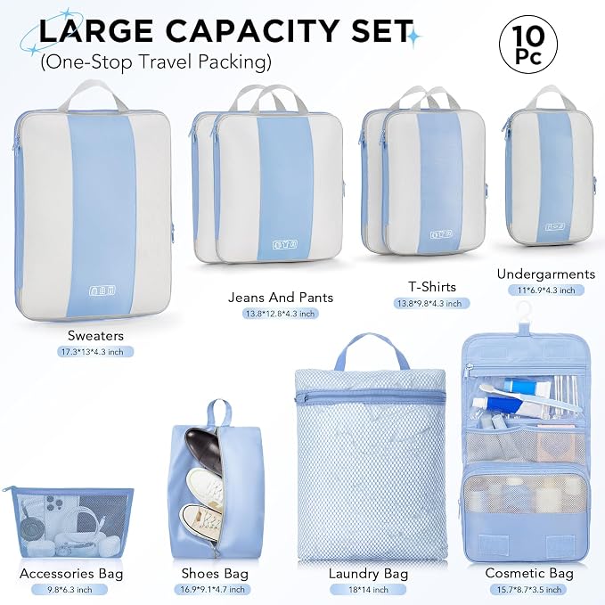 OlarHike 10 Set Compression Packing Cubes for Travel Essentials,Compressible Expandable Space Saver Bags for Organizing Clothes,Luggage Suitcase Garment Bags with Over 1000 pcs Mesh Holes(Light Blue) - Image 2