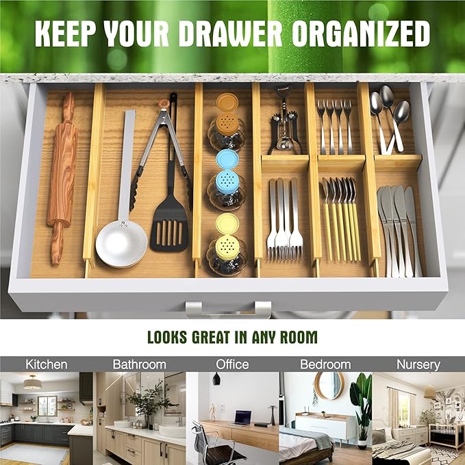 Bamboo Drawer Dividers Organizers, Drawer Separators Splitter,17-22 inches Long Adjustable Spring-loaded Organizer for Large Utensil, Clothes, Tools Drawers(yellow) - Image 5