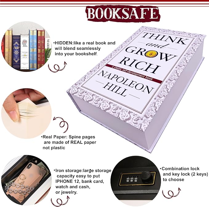 Deversion Book Safe Storage Box with Real Pages Combination Lock and Key Lock Box Money Safe Book Storage Lock Boxes for Personal Items 9.3''x6.0''x2.3'' (Think-Key) - Image 4