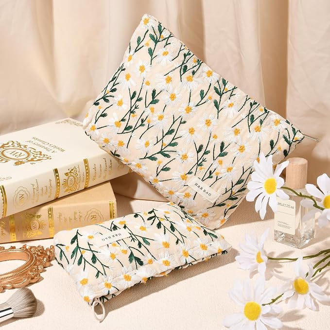 SOIDRAM 2 Pcs Makeup Bag Large Cosmetic Bag Toiletry Bag Makeup Pouch Travel Bag Organizer Cute Makeup Brushes Aesthetic Accessories Storage Bag for Women Daisy Embroidery - Image 5