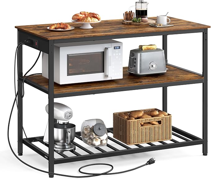 VASAGLE Kitchen Island with 3 Shelves, Storage Cabinet, Steel Structure | Kitchen Shelf with Large Wooden Worktop, 47.2 Inches Width, Rustic Brown and Matte Black, BARNET Collection UKKI101K01 by Unknown