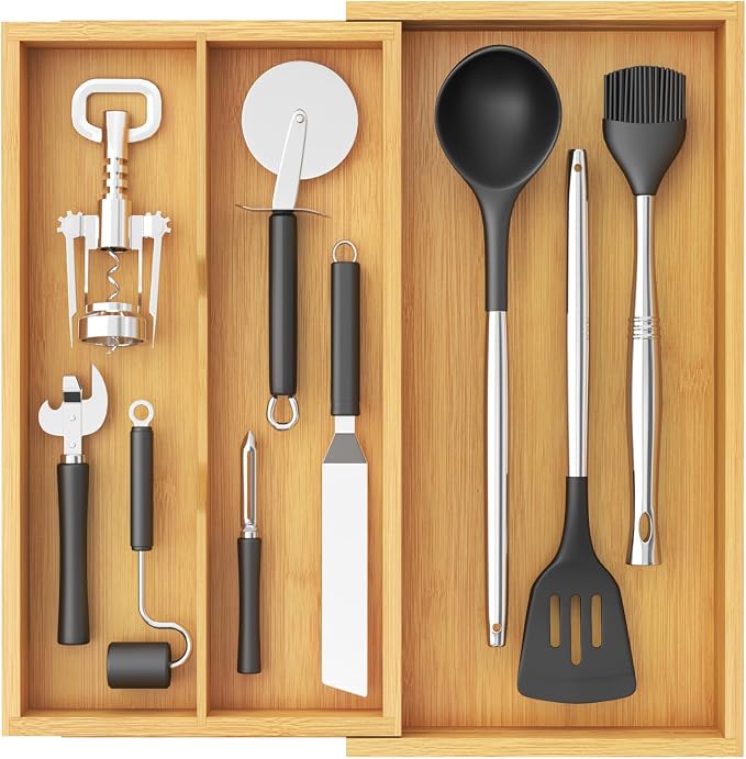 Lifewit Bamboo Utensil Organizer for Kitchen Drawer, Cooking Utensil Tray | Expandable Cutlery Silverware Flatware Holder, Wood Adjustable Spatula Tools Storage Divider, 8.9-15.8 x 15.75", Natural by Lifewit