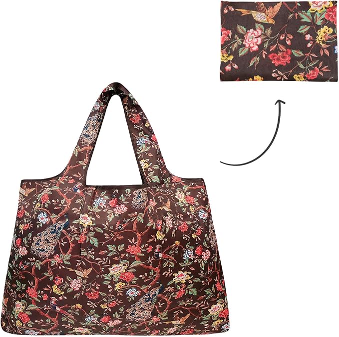 allydrew Large Foldable Tote Nylon Reusable Grocery Bags, Peacocks & Peonies - Image 5