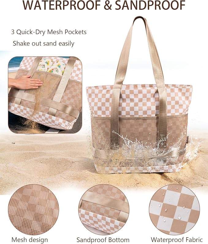 Large Beach Tote Pool Swim Bag for Women Sandproof with Wet Compartment | Waterproof 8 Multi-Pockets | Zipper Closure | Ideal for Travel, Cruise, Vacation, Picnic | Light & Quick-Dry Mesh - Image 4