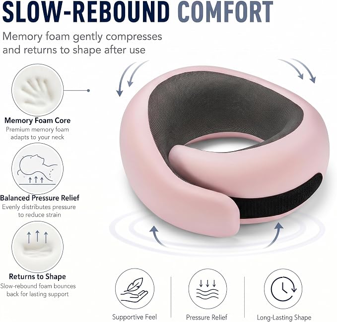 Travel Neck Pillow for Airplanes, 100% Pure Memory Foam Travel Pillow with Ergonomic 360° Support, Travel Essentials for Long Flights, Car, Train and Home, Max Pink - Image 4