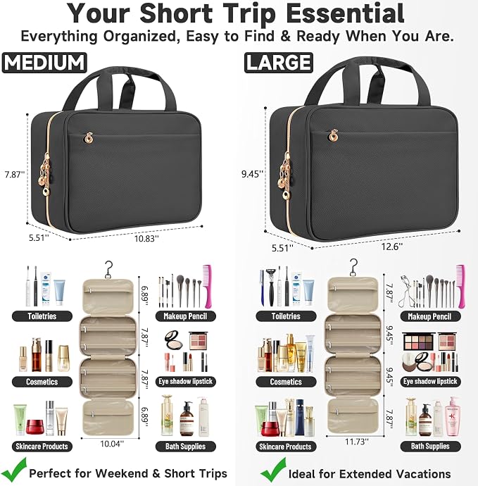 Travel Toiletry Bag for Women, Hanging Makeup Organizer Clear Pockets | Large Hanging Travel Organizer with Compartments, Front Pocket, Fits Full-Size Skincare, Makeup & Toiletries(Black, Large) - Image 3