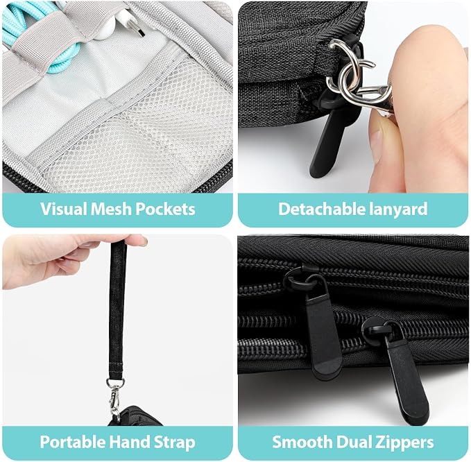 Double Layer Cable Organizer Bag Water-Resistant Tech Pouch Black | Padded Oxford fabric construction with 8 compartments and elastic loops to securely store chargers, power banks and cords. - Image 5