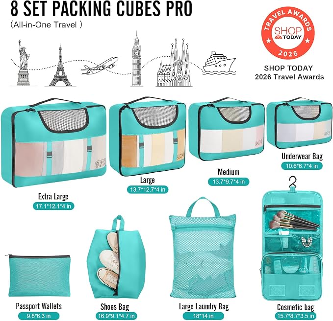 Veken 8 Set Packing Cubes for Travel Essentials, Suitcase Organizer Bags in 4 Sizes, Carry-On Luggage Accessories with Laundry Bag, Airplane Must Have with 99-Count Mesh Holes - Image 2