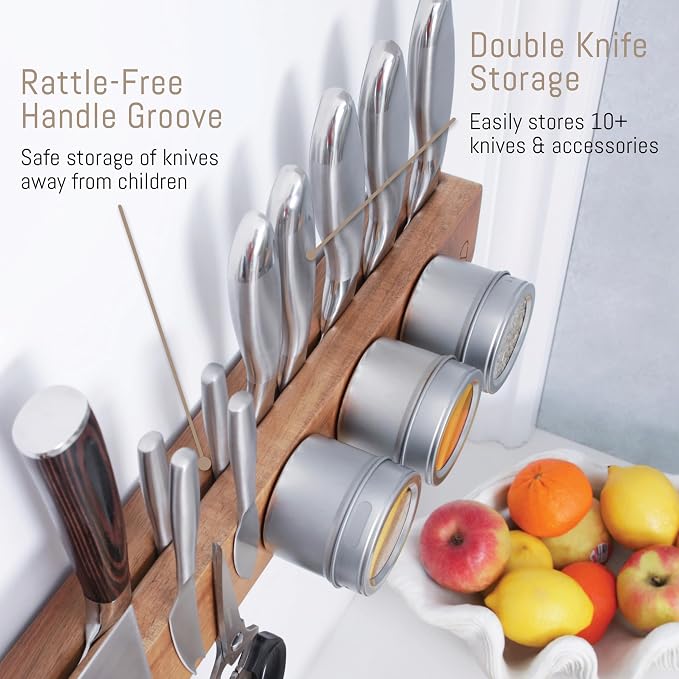 Premium 10 inch Magnetic Knife Holder for Wall with 2x Storage & Charming Wood - Knife Magnetic Strip, Under Cabinet Magnet Knives Storage - Magnet Strip Rack Kitchen Utensil Holder Organizer Tool - Image 5