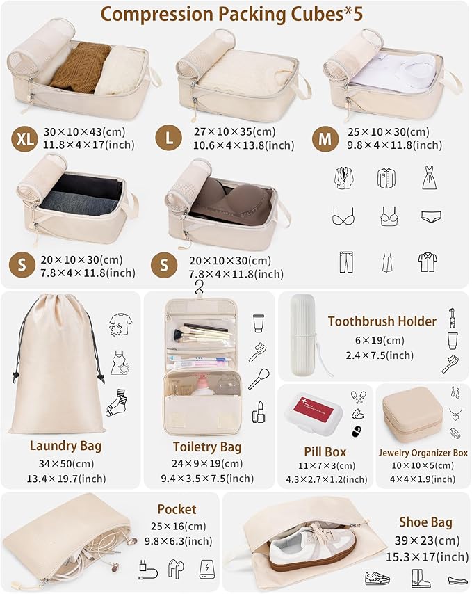 12pc Compression Packing Cubes for Suitcases, Expandable Travel Organizer Bags Set for Luggage, Lightweight Carry On Essentials, Beige - Image 2