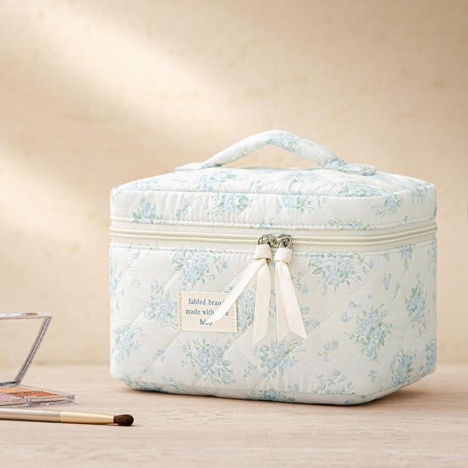 HBselect Quilted Makeup Bag, 3Pcs Cotton Large Travel Makeup Bags Organizer | Cute Floral Make up Bag Cosmetic Bag Toiletry Bag for Women Girls, Makeup Pouch for Skincare, Brushes & Travel Essentials - Image 6