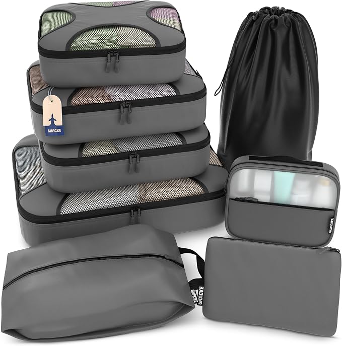 Shacke 8 Set Packing Cubes for Travel, Shoe & Toiletry Bags (Dark Grey) | Complete Suitcase Organizer Bags Set: 4 Luggage Packing Cubes + Laundry, Shoe, Toiletry & Accessories Bags for Any Trip by Shacke