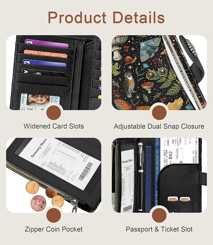 Mushroom Wallet Women RFID Goth Passport Holder Credit Card Holder | 6.7" x 4.4" x 1.3" Bifold, Travel billfold, Zipper Pocket, PU Leather, Clutch, Purse, ID Window, Pen Holder, Gift Ladies Girl - Image 6