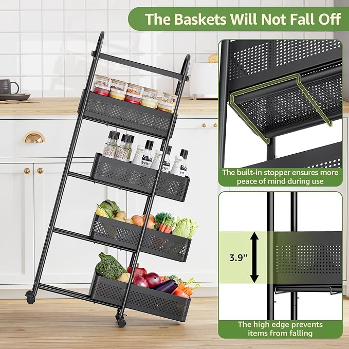 KINGRACK 5 Tier Slim Rolling Cart with Drawer, Metal Utility Storage Cart | 4 Pull-out Baskets, Lockable Wheels, Narrow Space Trolley Organizer for Bathroom, Kitchen, Office, Dorm, Laundry Room, Black - Image 5