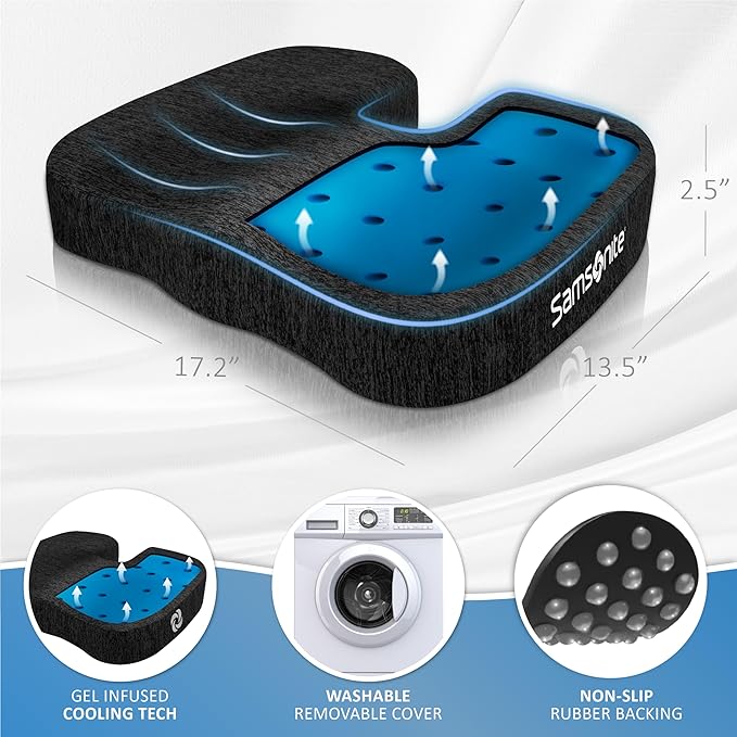 Samsonite Gel Infused Seat Cushion – Ergonomic Cushion for Office Chair, Tailbone Pressure Pad, Coccyx Support for Sciatica, Memory Foam Seat for Car, Desk, or Gaming Chair Use, Black - Image 5