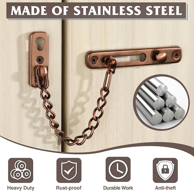 Alise Door Chain Lock,Door Security Chain Lock for Inside Door,Red Bronze | Stainless Steel,Door Chain Lock Guard with Spring Anti-Theft Press Button,Door Lock Latch for Front Door - Image 7