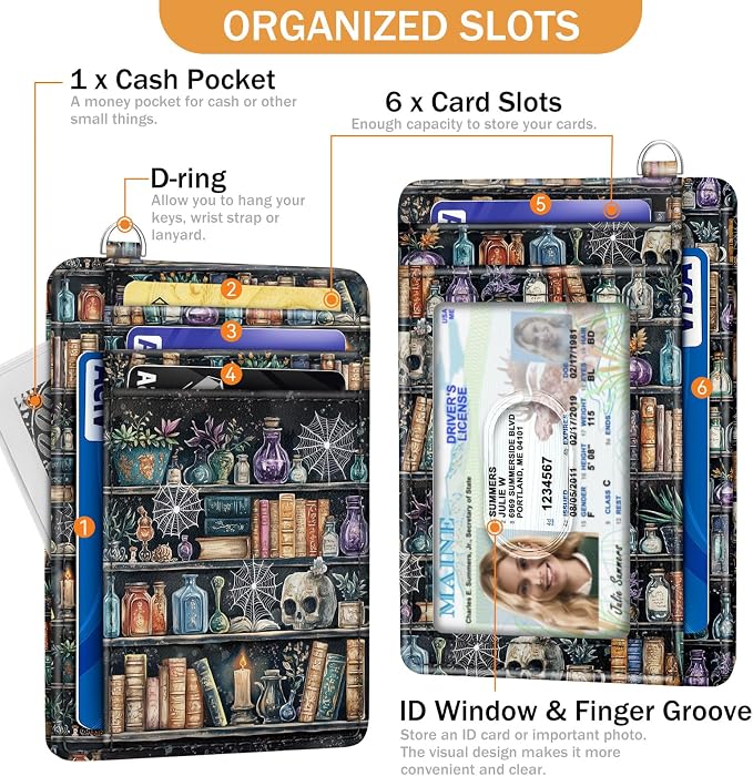 Yonlevres Goth Book Credit Card Holder RFID Wallet Women Slim Small Travel | Front Pocket, Handy, RFID Blocking, Woman Girls Ladies Gifts, D-ring for Keychain,Thin Mini Card Case, ID Window, PU Leather - Image 4