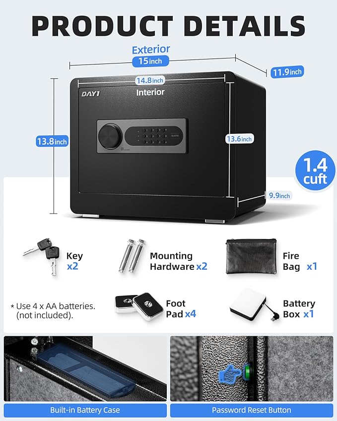 DAYI Safe Box, 1.4 Cubic Feet Home Safe with Fireproof Waterproof Bag, Security Safe Box for Money Cash Valuables, Digital Electronic Keypad, Dual Alarm System, Removable Shelf - D-35 - Image 6