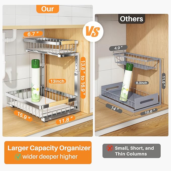 PXRACK Under Sink Organizer, Adjustable Height, 2 Tier Pull Out Cabinet Organizer, Slide Out Thickened Metal Storage for Kitchen Bathroom Laundry Pantry Cabinet, Stainless Steel, Silver, Large-1-Pack - Image 2