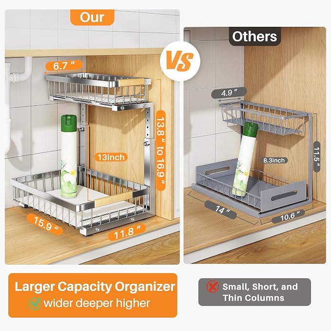 PXRACK Under Sink Organizer, Adjustable Height, 2 Tier Pull Out Cabinet Organizer, Slide Out Thickened Metal Storage for Kitchen Bathroom Laundry Pantry Cabinet, Stainless Steel, Silver, Large-2-Pack - Image 2