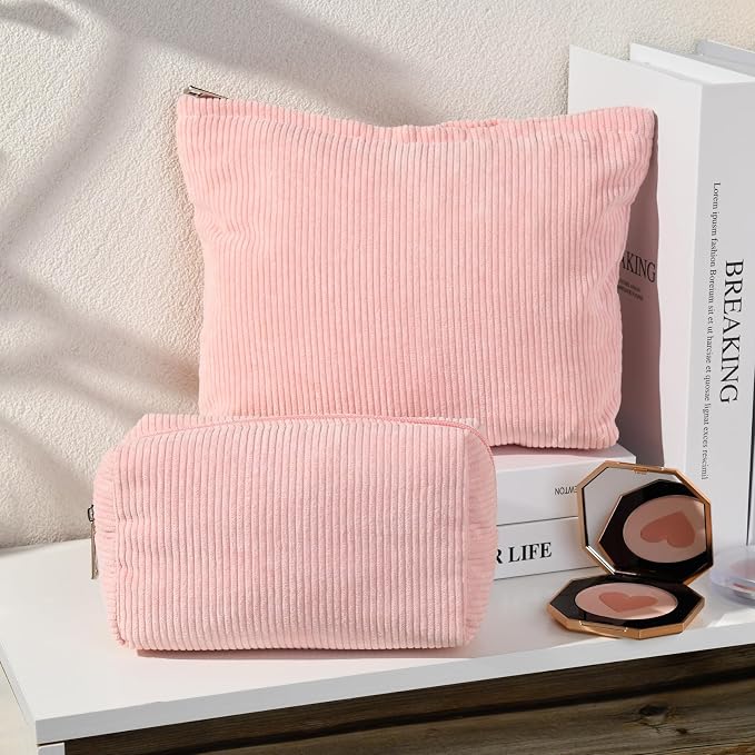 SOIDRAM 2 Pieces Makeup Bag Large Corduroy Cosmetic Bag Capacity Canvas Mix Travel Toiletry Bag Organizer Cute Makeup Brushes Aesthetic Accessories Storage Bag for Women, Corduroy Mix Pink - Image 2