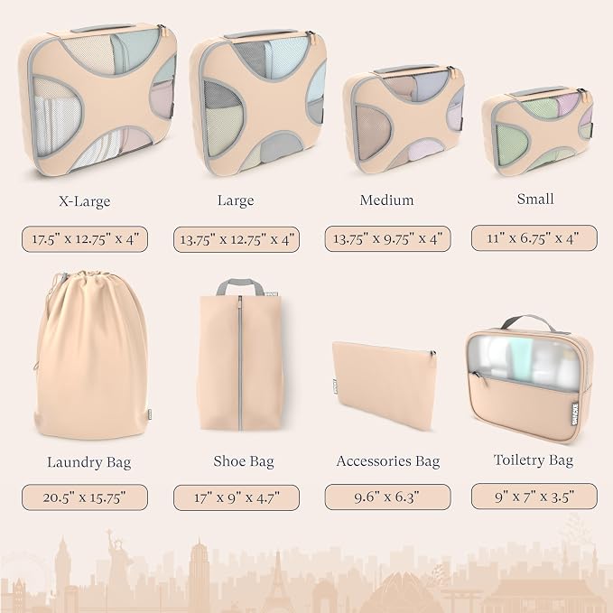 Shacke 8 Set Packing Cubes for Travel, Shoe & Toiletry Bags (Nude Biege) | Complete Suitcase Organizer Bags Set: 4 Luggage Packing Cubes + Laundry, Shoe, Toiletry & Accessories Bags for Any Trip - Image 4