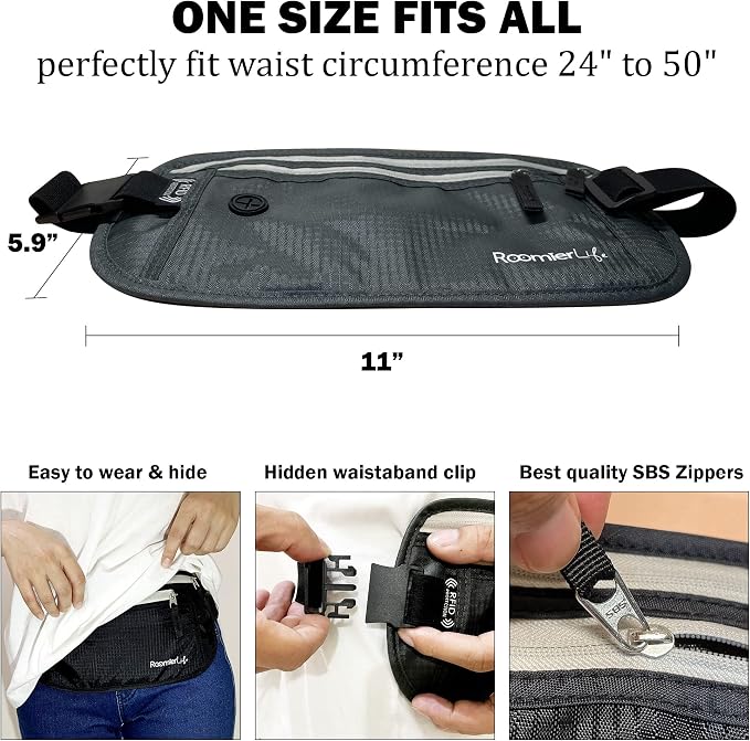 RFID Blocking Passport Holder Travel Pouch for Men & Women - Hidden Money Belt with Anti-Theft Locking Zipper, Slim Waterproof Waist Wallet for Cash, Credit Cards, Passport & Travel Documents, Grey - Image 7