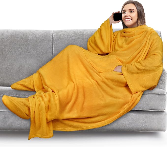 PAVILIA Fleece Blanket with Sleeves, Foot Pockets for Women Men Adults, Plush Wearable Blanket Throw Wrap, Warm Snuggle Blanket Robe, Cozy Gift Ideas Wife Mom, Mustard Yellow by PAVILIA